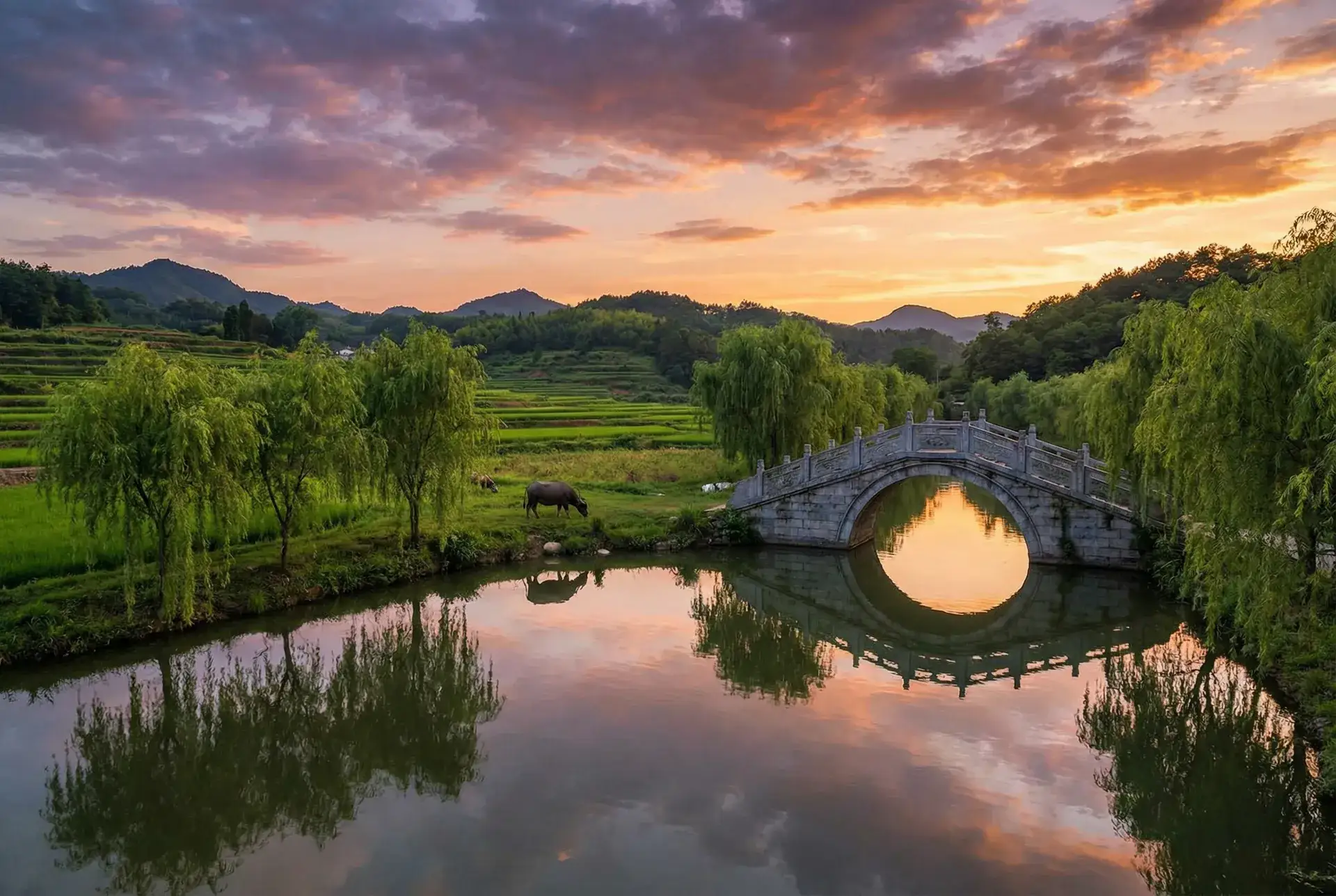 夕阳下的石拱桥与垂柳，水牛在河边吃草 - 这几天没C你了是不是皮痒了 乡村美景
